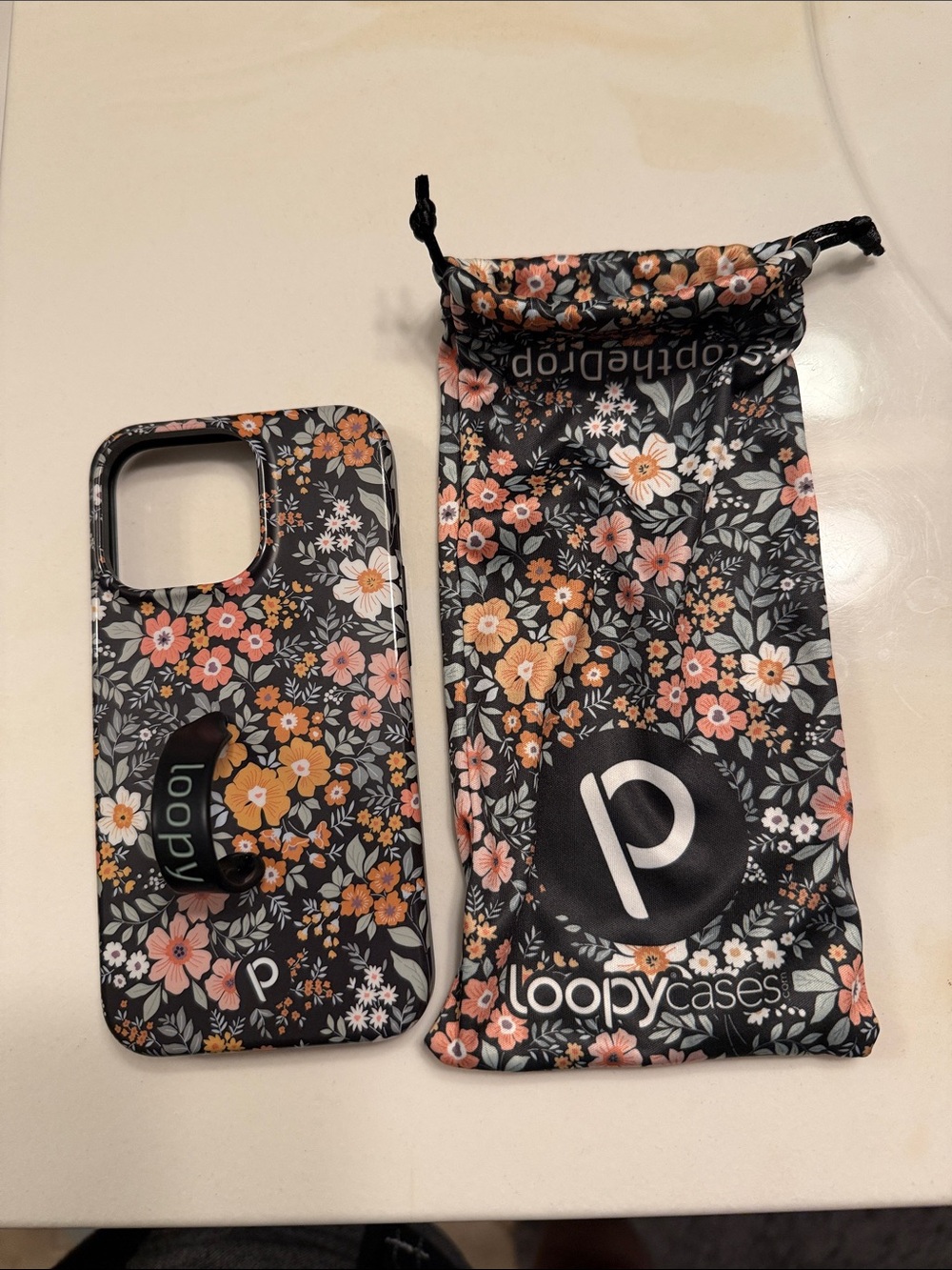 Loopy Case Black Floral Phone Case with Pink and Orange Flowers